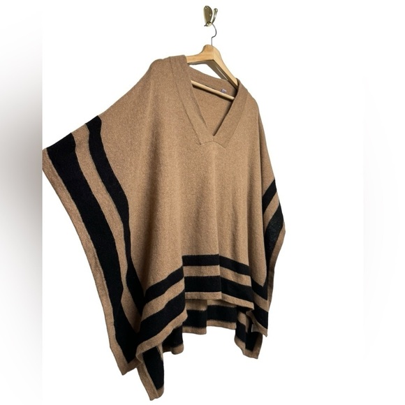 CULLEN 100% Cashmere Striped Poncho Tan Black OS - Picture 7 of 10